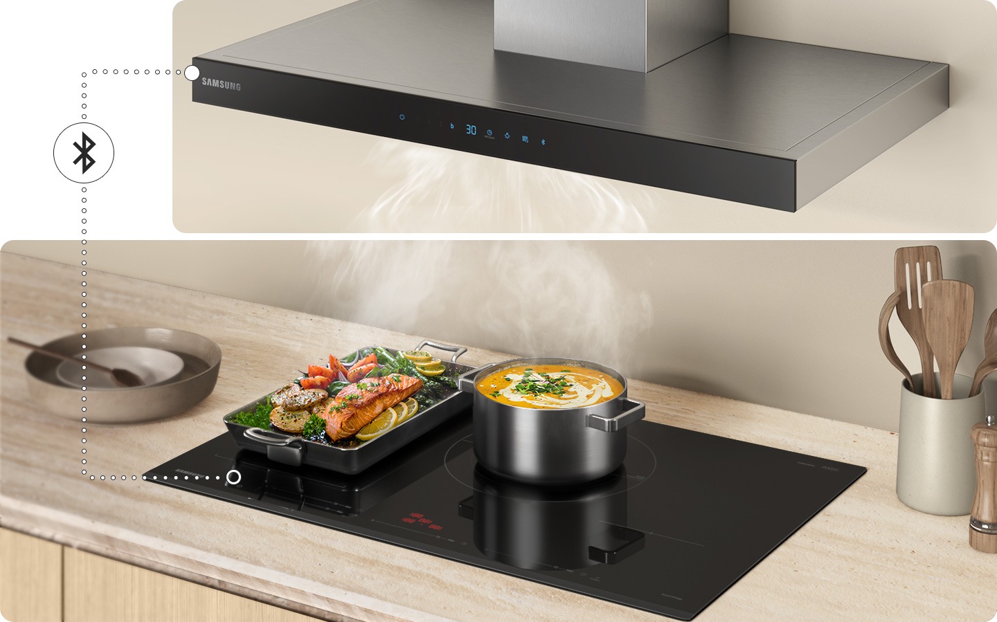 Speisen auf Kochfeld in Zubereitung mit angedeuteter Bluetooth-Verbindung zur Dunstabzugshaube